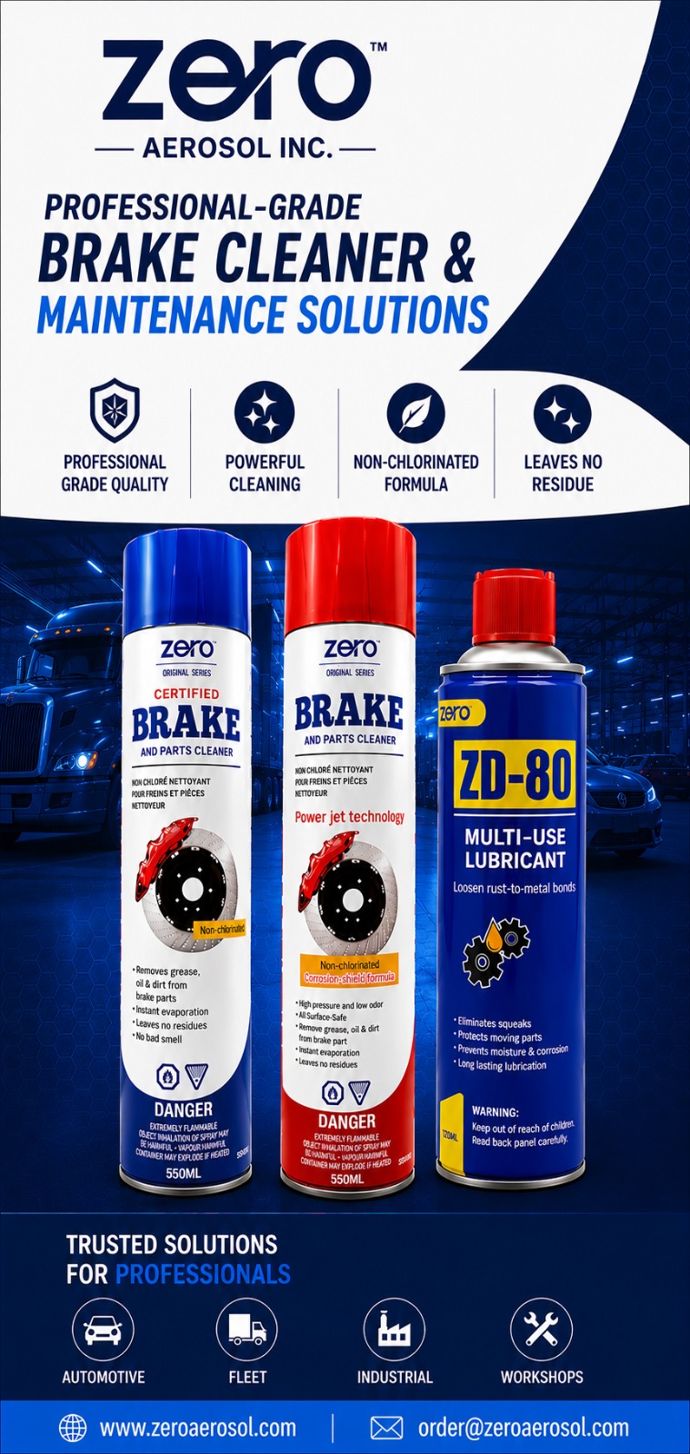 Zero Aerosol product line poster showing Corrosion Shield Formula, Original Formula, and ZD-80 Multi-Use Lubricant
